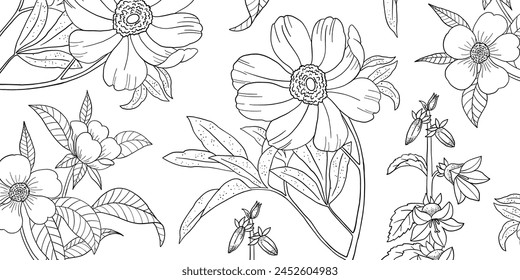 Coloring page for adults. Line art coloring activity. Beautiful hand-drawn flowers.  Mindful coloring for stress relief. Vector illustration