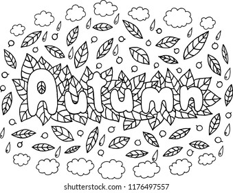 Coloring page for adults with mandala and Autumn word. Doodle lettering ink outline artwork. Vector illustration.