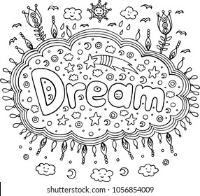 Coloring page for adults with mandala and dream word. Doodle lettering ink outline artwork. Vector illustration.