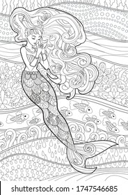 Coloring page for adults with a mermaid in the zentangle style. Anti stress art-therapy for people with dementia or anxiety disorder