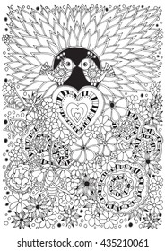 Coloring page for adults and older children for your hobby and a good time spending. Black and white coloring page. Vector illustration. On the coloring page, depicts flowers and birds.