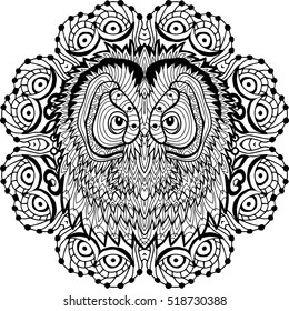 Coloring page for adults. Owl's head in the round pattern. Line art