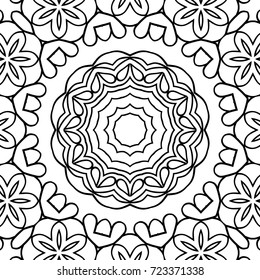 Coloring Page for Adults. A Part of Intricate Mandala. Tribal Motif for Background. Black and White Seamless Pattern for Elder Children or Adult Coloring. Vector