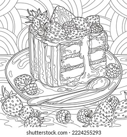 Coloring page for adults. Piece of strawberry cake. Vector illustration.