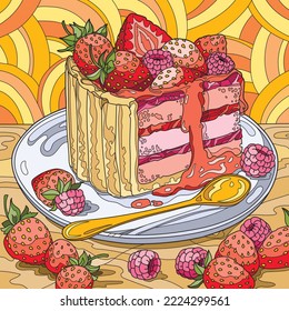 Coloring page for adults. Piece of strawberry cake. Color version.  Vector illustration.