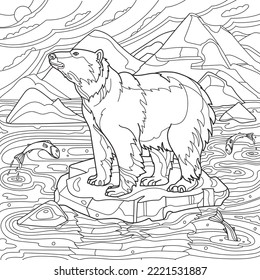 Coloring page for adults. Polar bear on an ice floe. Vector illustration.