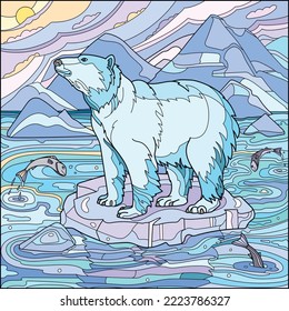 Coloring page for adults. Polar bear on an ice floe. Color version. Vector illustration.