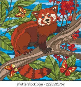 Coloring page for adults. Red panda bear sitting on tree. Color version. Vector illustration.