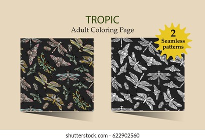 Coloring page for adults. Seamless vector hand drawn pattern with fantasy butterflies, dragonflies, beetles, bugs and mothes in modern style.