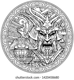 Coloring page for adults, sinister samurai mask.