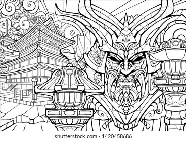 Coloring page for adults, sinister samurai mask.