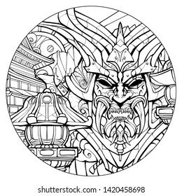 Coloring page for adults, sinister samurai mask.