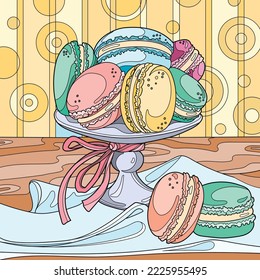 Coloring page for adults. sweet macaroons on dessert plate. Color version.  Vector illustration.