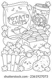 Coloring page for adults and teenagers. Coloring therapy for meditation and relaxation. Mindful and stress relief art. Printable and fit to A4 paper. Cute food and drink coloring book.