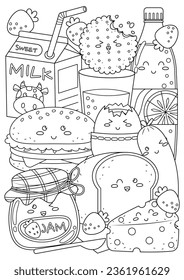 Coloring page for adults and teenagers. Coloring therapy for meditation and relaxation. Mindful and stress relief art. Printable and fit to A4 paper. Cute food and drink coloring book.