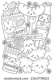 Coloring page for adults and teenagers. Coloring therapy for meditation and relaxation. Mindful and stress relief art. Printable and fit to A4 paper. Cute food and drink coloring book.