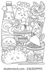 Coloring page for adults and teenagers. Coloring therapy for meditation and relaxation. Mindful and stress relief art. Printable and fit to A4 paper. Cute food and drink coloring book.