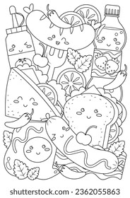 Coloring page for adults and teenagers. Coloring therapy for meditation and relaxation. Mindful and stress relief art. Printable and fit to A4 paper. Cute food and drink coloring book.