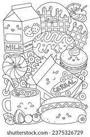 Coloring page for adults and teenagers. Coloring therapy for meditation and relaxation. Mindful and stress relief art. Printable and fit to A4 paper. Cute food and drink coloring book.