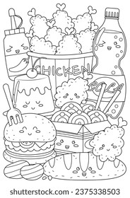 Coloring page for adults and teenagers. Coloring therapy for meditation and relaxation. Mindful and stress relief art. Printable and fit to A4 paper. Cute food and drink coloring book.