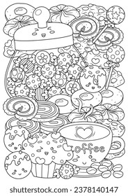 Coloring page for adults and teenagers. Coloring therapy for meditation and relaxation. Mindful and stress relief art. Printable and fit to A4 paper. Cute food and drink coloring book.