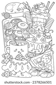 Coloring page for adults and teenagers. Coloring therapy for meditation and relaxation. Mindful and stress relief art. Printable and fit to A4 paper. Cute food and drink coloring book.