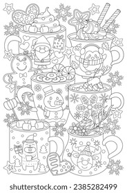 Coloring page for adults and teenagers. Coloring therapy for meditation and relaxation. Mindful and stress relief art. Printable and fit to A4 paper. Christmas coloring book.