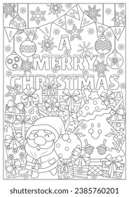 Coloring page for adults and teenagers. Coloring therapy for meditation and relaxation. Mindful and stress relief art. Printable and fit to A4 paper. Christmas coloring book.