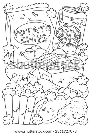 Coloring page for adults and teenagers. Coloring therapy for meditation and relaxation. Mindful and stress relief art. Printable and fit to A4 paper. Cute food and drink coloring book.