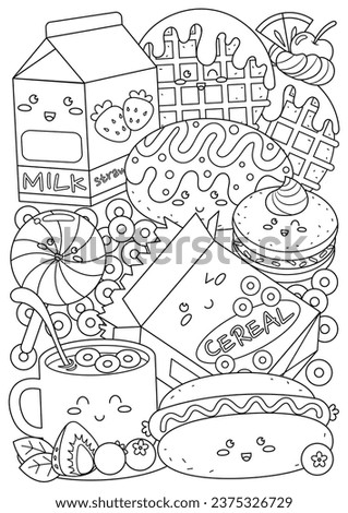 Coloring page for adults and teenagers. Coloring therapy for meditation and relaxation. Mindful and stress relief art. Printable and fit to A4 paper. Cute food and drink coloring book.