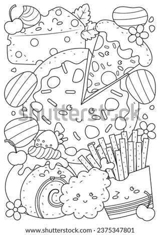 Coloring page for adults and teenagers. Coloring therapy for meditation and relaxation. Mindful and stress relief art. Printable and fit to A4 paper. Cute food and drink coloring book.