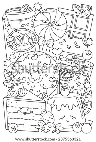 Coloring page for adults and teenagers. Coloring therapy for meditation and relaxation. Mindful and stress relief art. Printable and fit to A4 paper. Cute food and drink coloring book.