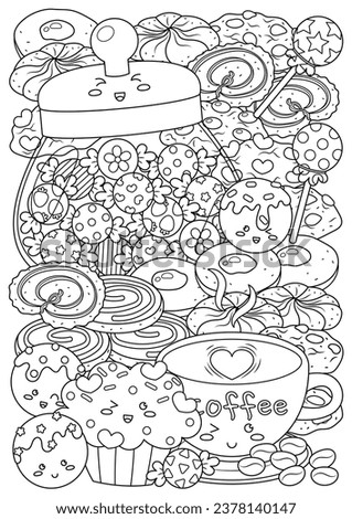 Coloring page for adults and teenagers. Coloring therapy for meditation and relaxation. Mindful and stress relief art. Printable and fit to A4 paper. Cute food and drink coloring book.