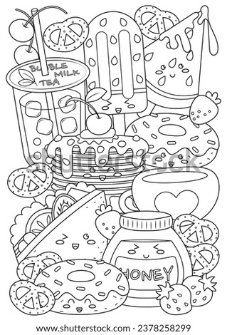 Coloring page for adults and teenagers. Coloring therapy for meditation and relaxation. Mindful and stress relief art. Printable and fit to A4 paper. Cute food and drink coloring book.