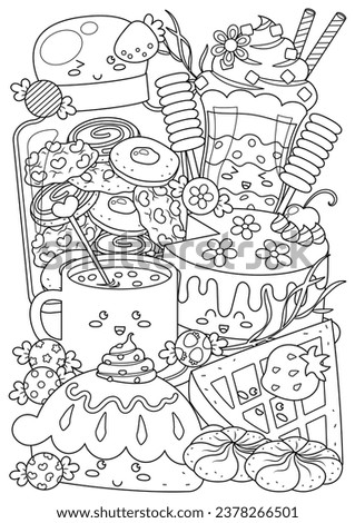 Coloring page for adults and teenagers. Coloring therapy for meditation and relaxation. Mindful and stress relief art. Printable and fit to A4 paper. Cute food and drink coloring book.