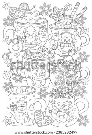 Coloring page for adults and teenagers. Coloring therapy for meditation and relaxation. Mindful and stress relief art. Printable and fit to A4 paper. Christmas coloring book.