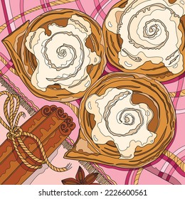 Coloring page for adults. Three cinnamon buns. Color version. Vector illustration.