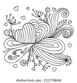 Coloring page for adults with two hearts and abstract flowers and leaves. Doodle zen illustration in outlines. Vector illustration.