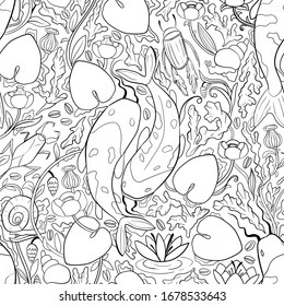 Coloring page for adults vector black and white pattern. Fishes frolic fun in a flowering pond.
Seamless oriental texture with water Lily leaves, fishes and other water inhabitants.