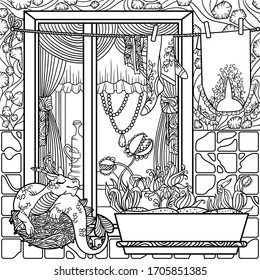  Coloring page for adults with window with dragon nest and fantastic surroundings