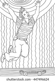 Coloring page for adults. A young guy on a skateboard. Black and white drawing of a hand, vector. Zenart. Sun, Sky, Skate. Outline