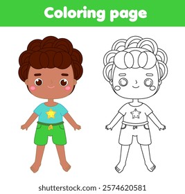 Coloring page with african american boy in beach shorts. Drawing kids activity. Printable fun for toddlers and children. Summer holidays theme