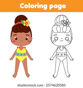 Coloring page with african american girl in swimsuit. Drawing kids activity. Printable fun for toddlers and children. Summer holidays theme