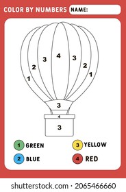 Coloring page with air balloon. Color by numbers educational children game, drawing kids activity. Illustration and vector outline - A4 paper ready to print.