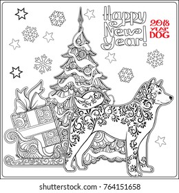 Coloring page for with a Akin Inu dog with sledge full of gift boxes next to the Christmas tree with background with snowflakes.  Outline drawing.
 Stock vector illustration.