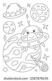 Coloring page with alien flying on spaceship between planets. Vector template for children's coloring book, print and poster.