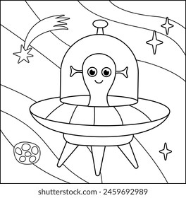 Coloring page. Alien in flying saucer. Black and white ufo in space. Color me. Isolated vector illustration eps 10