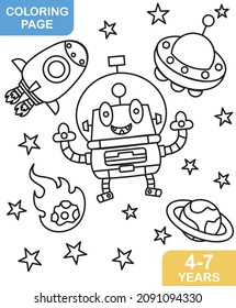 Coloring page of alien on space suitable for kids age 5 and 10 Year Old