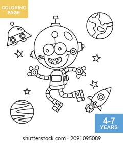 Coloring page of alien on space suitable for kids age 5 and 10 Year Old