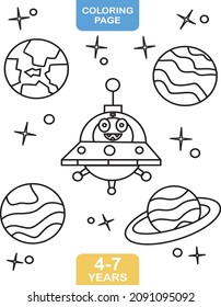 Coloring page of alien on space suitable for kids age 5 and 10 Year Old